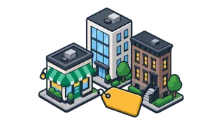 Miniature city buildings on their plots