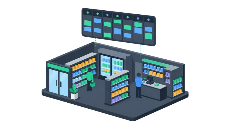 Isometric store interior with a weekly schedule