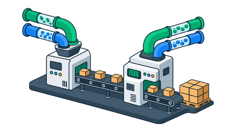 Isometric factory production line with conveyor belts