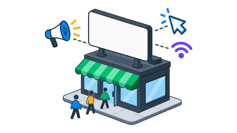 Storefront with billboard and marketing campaign icons