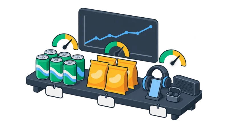 Products with price tags and margin gauges