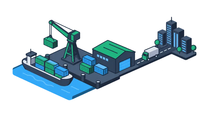 Harbor with containers, crane and delivery trucks