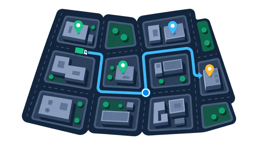 Stylized city map with owned plots, pins and a route